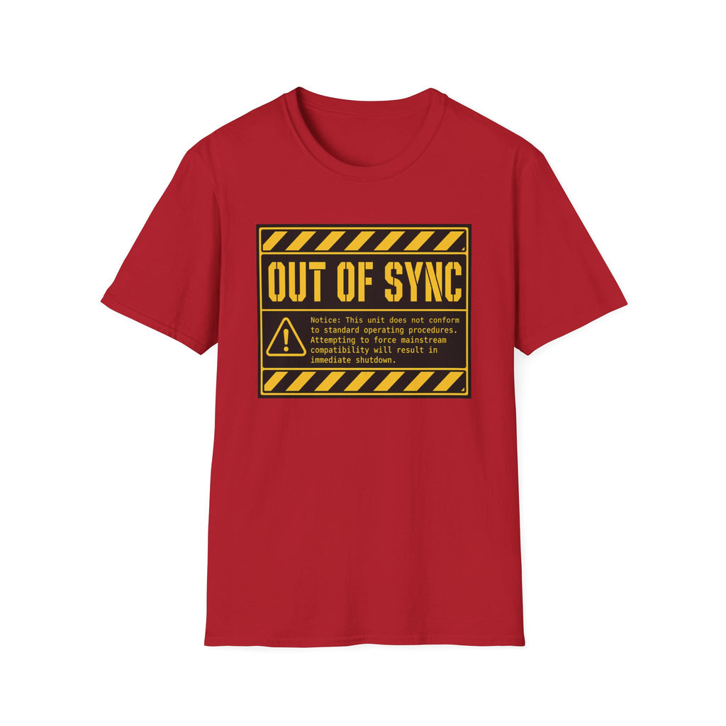 A red short-sleeve crewneck t-shirt featuring a yellow and black 'OUT OF SYNC' warning label graphic printed on the chest, displayed against a solid white background.