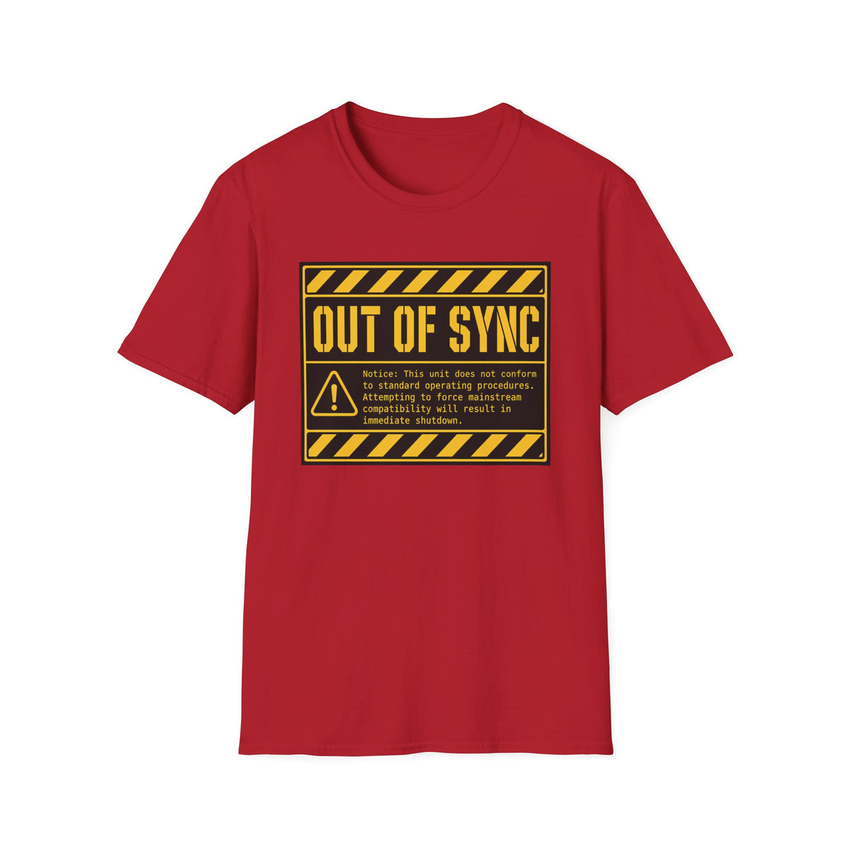 A red short-sleeve crewneck t-shirt featuring a yellow and black 'OUT OF SYNC' warning label graphic printed on the chest, displayed against a solid white background.