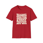 red t-shirt with text 'reading the fine print since day one'