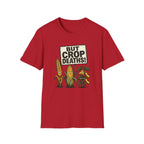 A red short-sleeve crewneck t-shirt featuring a cartoon graphic of three cartoon corn stalks with sad faces under a sign that reads 'BUT CROP DEATHS!'.