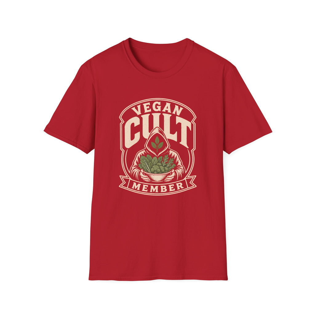 red t-shirt with text 'vegan cult member'