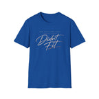 A royal blue graphic t-shirt l The t-shirt features the text 'MADE MYSELF SMALL ONCE. DIDN'T FIT'