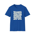 Royal blue t-shirt with text 'reading the fine print since day one'