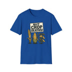 A royal blue short-sleeve crewneck t-shirt featuring a graphic print on the front. The graphic displays a distressed white sign reading 'BUT CROP DEATHS!' above cartoon illustrations of a wheat stalk, a corn cob, and a soybean plant with angry faces.