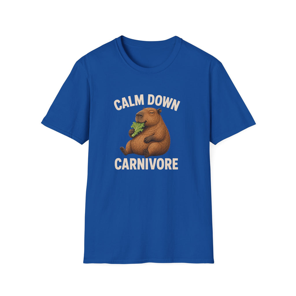 A royal blue short-sleeve crewneck t-shirt featuring a cartoon illustration of a brown groundhog eating green lettuce, with the text 'CALM DOWN CARNIVORE' printed in white above and below the graphic.