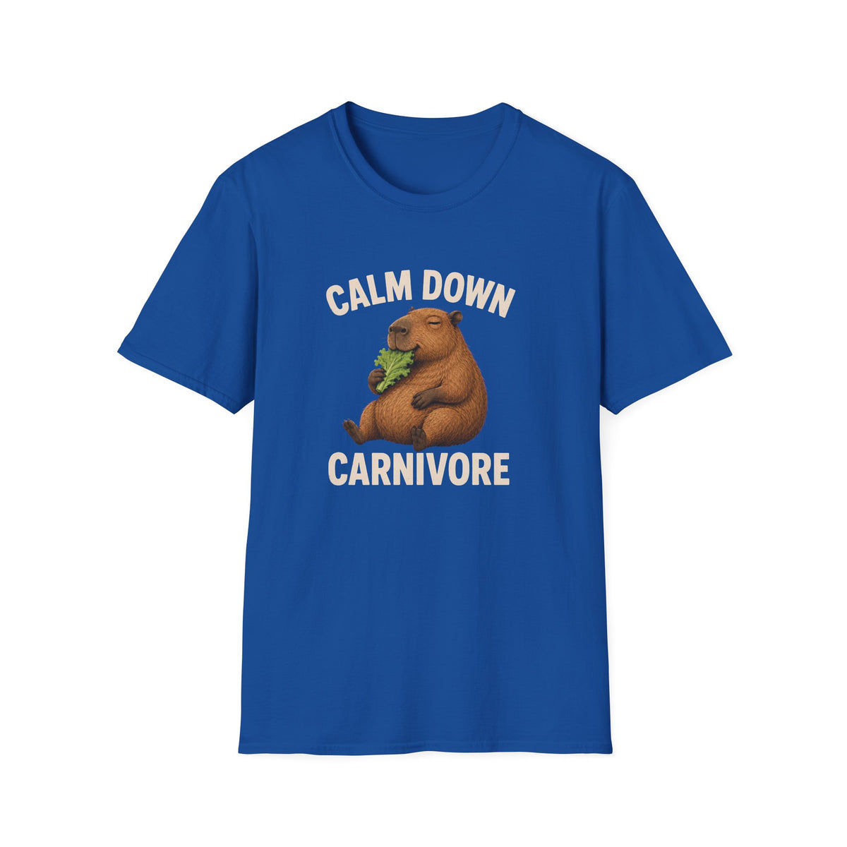 A royal blue short-sleeve crewneck t-shirt featuring a cartoon illustration of a brown groundhog eating green lettuce, with the text 'CALM DOWN CARNIVORE' printed in white above and below the graphic.