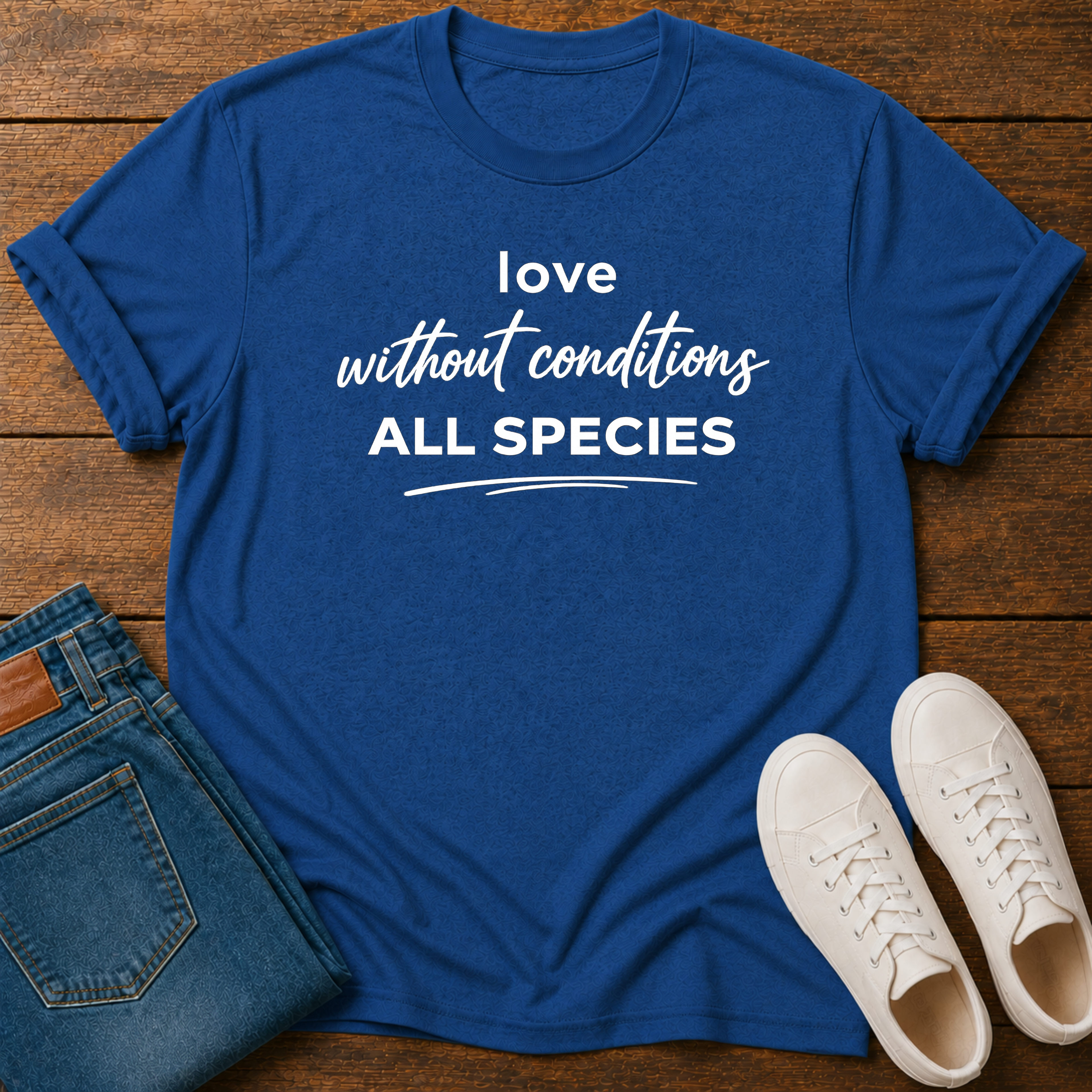 A royal blue short-sleeve t-shirt with white text reading 'love without conditions ALL SPECIES' laid flat on a wooden surface, styled with folded blue jeans and white sneakers.