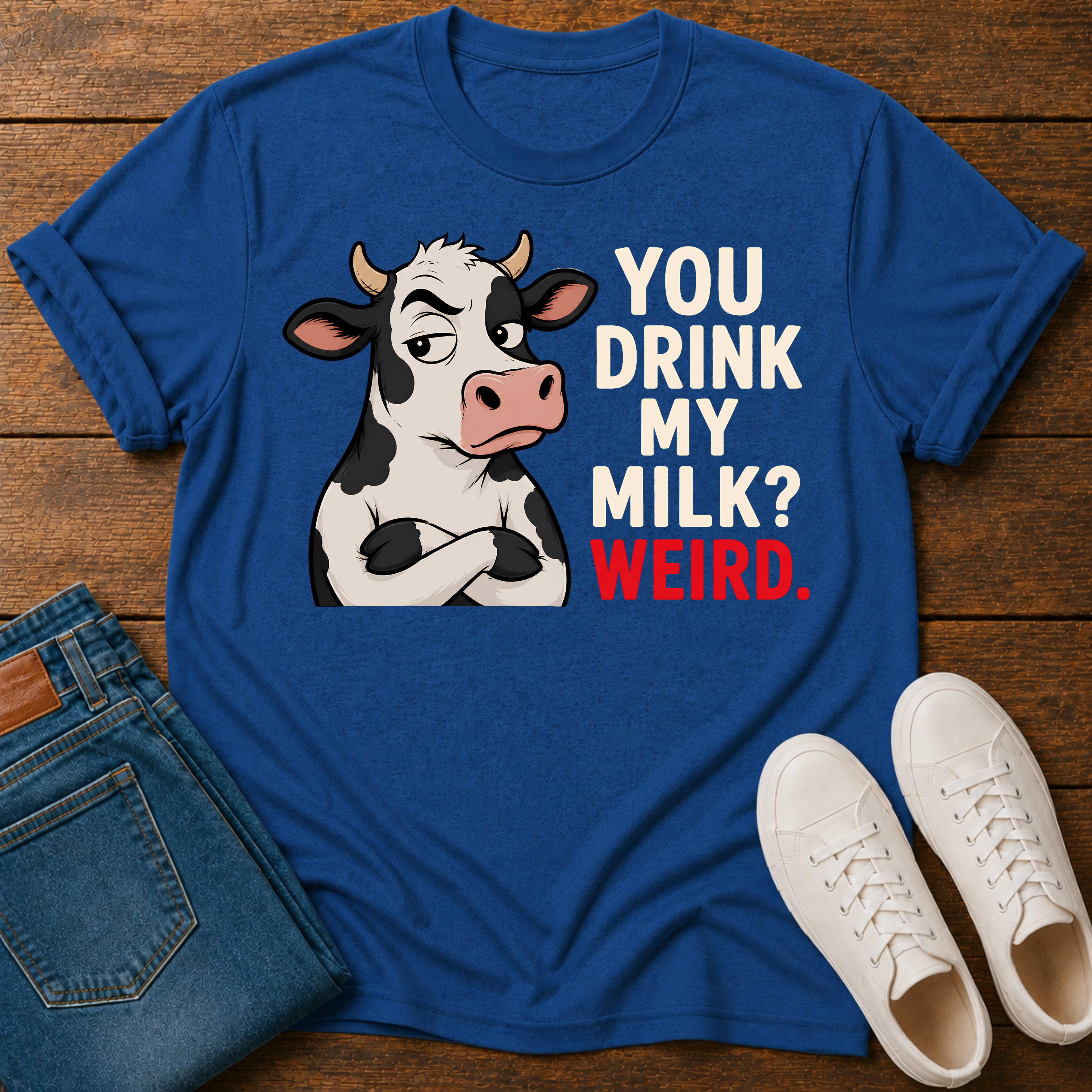 A royal blue graphic t-shirt laid flat on a wooden surface, styled with folded blue jeans and white sneakers. The t-shirt features a cartoon cow with crossed arms next to the text 'YOU DRINK MY MILK? WEIRD.
