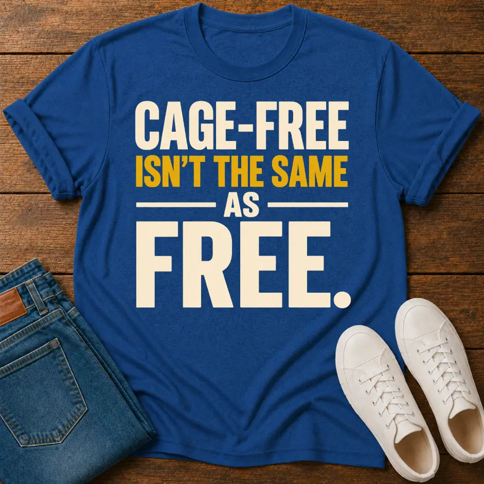 A royal blue graphic t-shirt laid flat on a wooden surface, styled with folded blue jeans and white sneakers. The t-shirt features the text 'CAGE-FREE ISN'T THE SAME AS FREE.