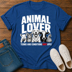 Blue t-shirt with 'Animal Lover' graphic on a wooden surface with jeans and shoes.