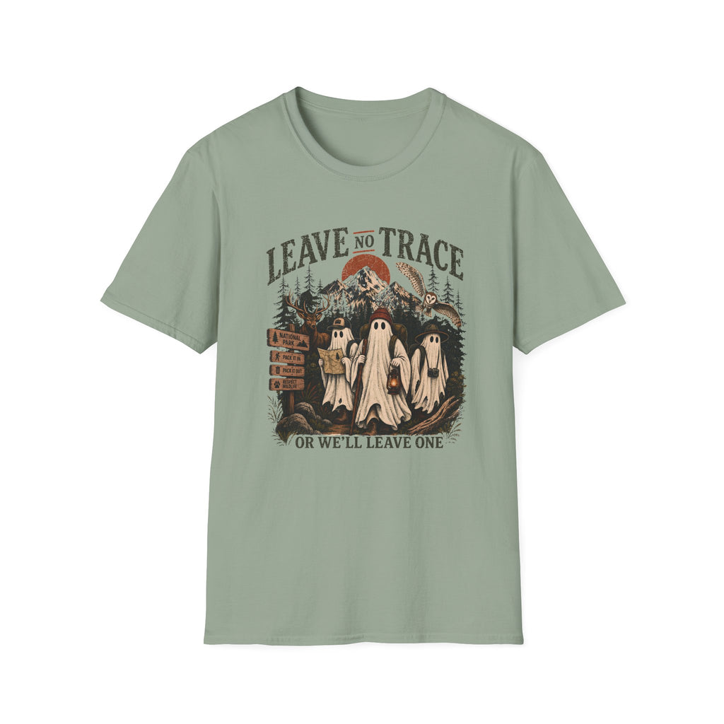 A sage green short-sleeve crewneck t-shirt with a vintage-style Halloween graphic on the front. The graphic features three ghosts in white sheets, a full moon, and the text 'LEAVE NO TRACE' and 'OR WE'LL LEAVE ONE'.