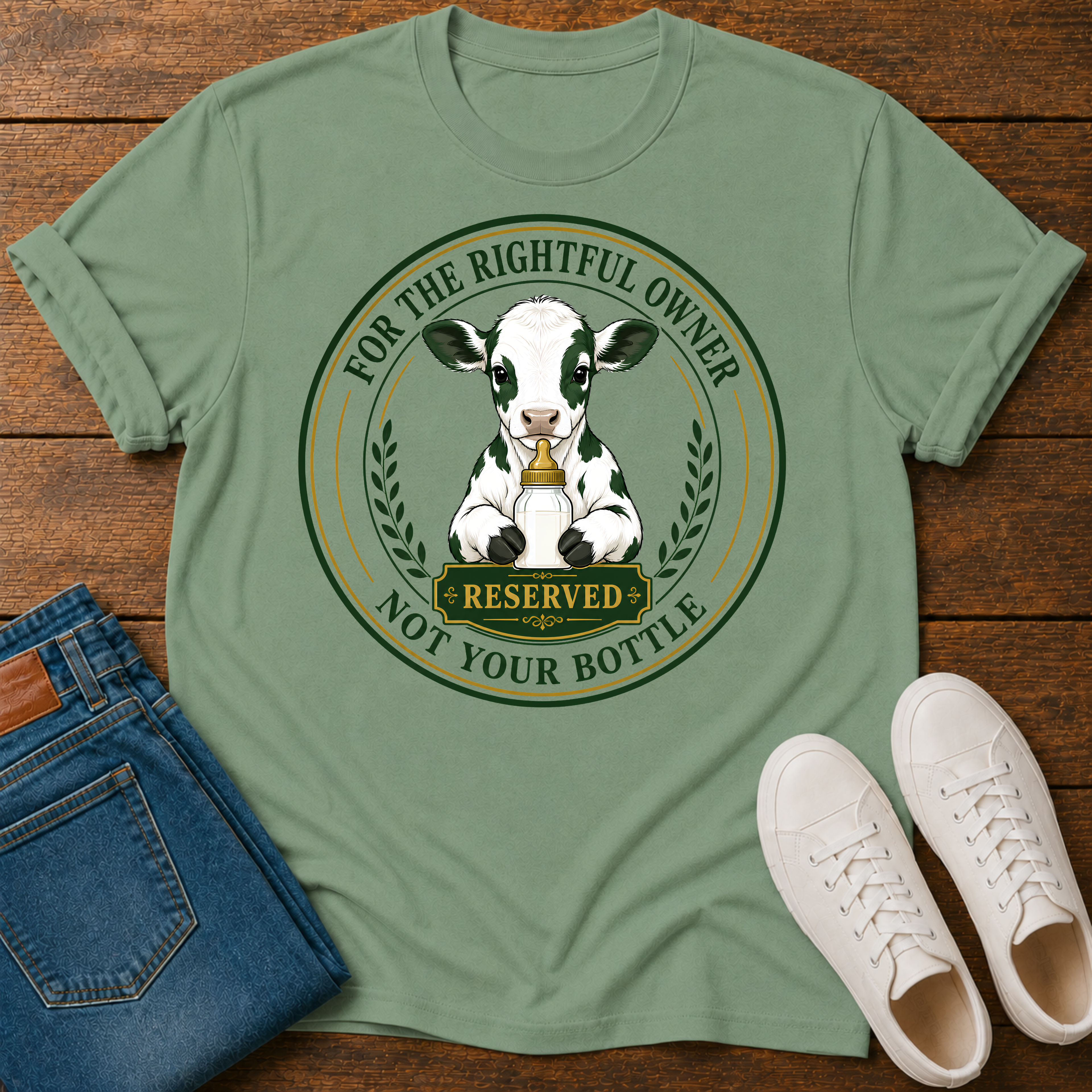 A sage green graphic t-shirt laid flat on a wooden surface, styled with folded blue jeans and white sneakers. The t-shirt features a circular graphic of a black and white cow with a gold bell and the text 'FOR THE RIGHTFUL OWNER NOT YOUR BOTTLE'.