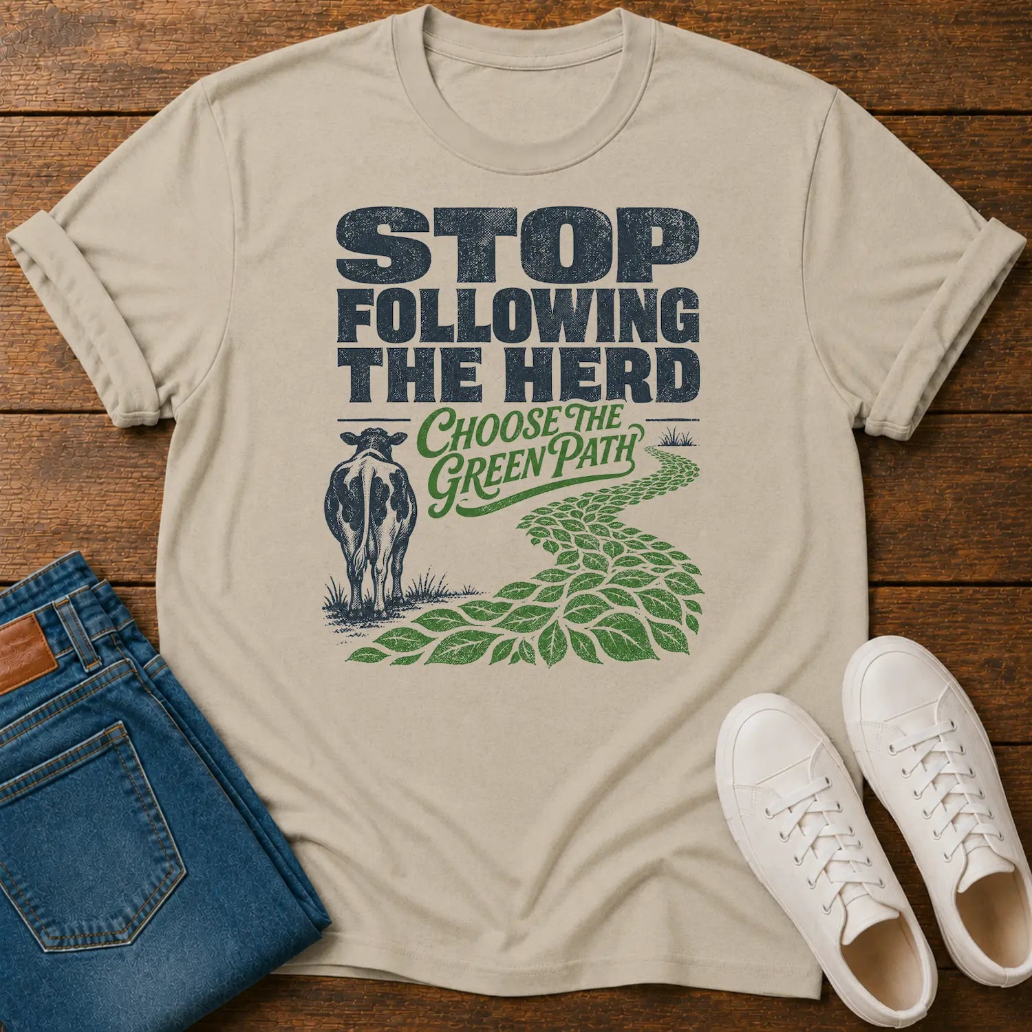 A beige graphic t-shirt laid flat on a wooden surface, styled with blue jeans and white sneakers. The t-shirt features a graphic with the text 'STOP FOLLOWING THE HERD' and 'CHOOSE THE GREEN PATH' alongside an illustration of a cow and a green leafy path.