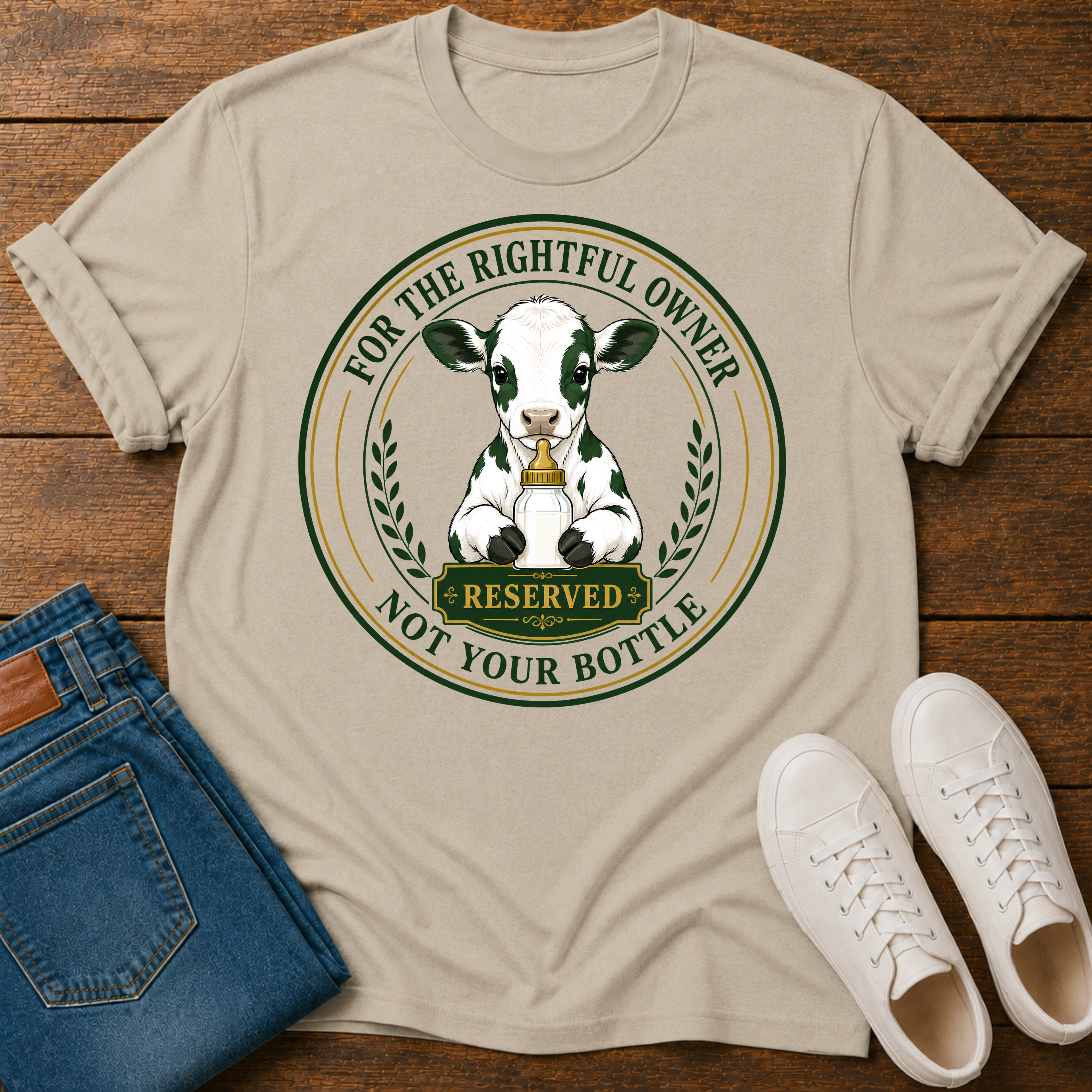 A beige graphic t-shirt laid flat on a wooden surface, styled with folded blue jeans and white sneakers. The t-shirt features a circular graphic of a black-and-white cow with a bell and the text 'FOR THE RIGHTFUL OWNER RESERVED NOT YOUR BOTTLE'.