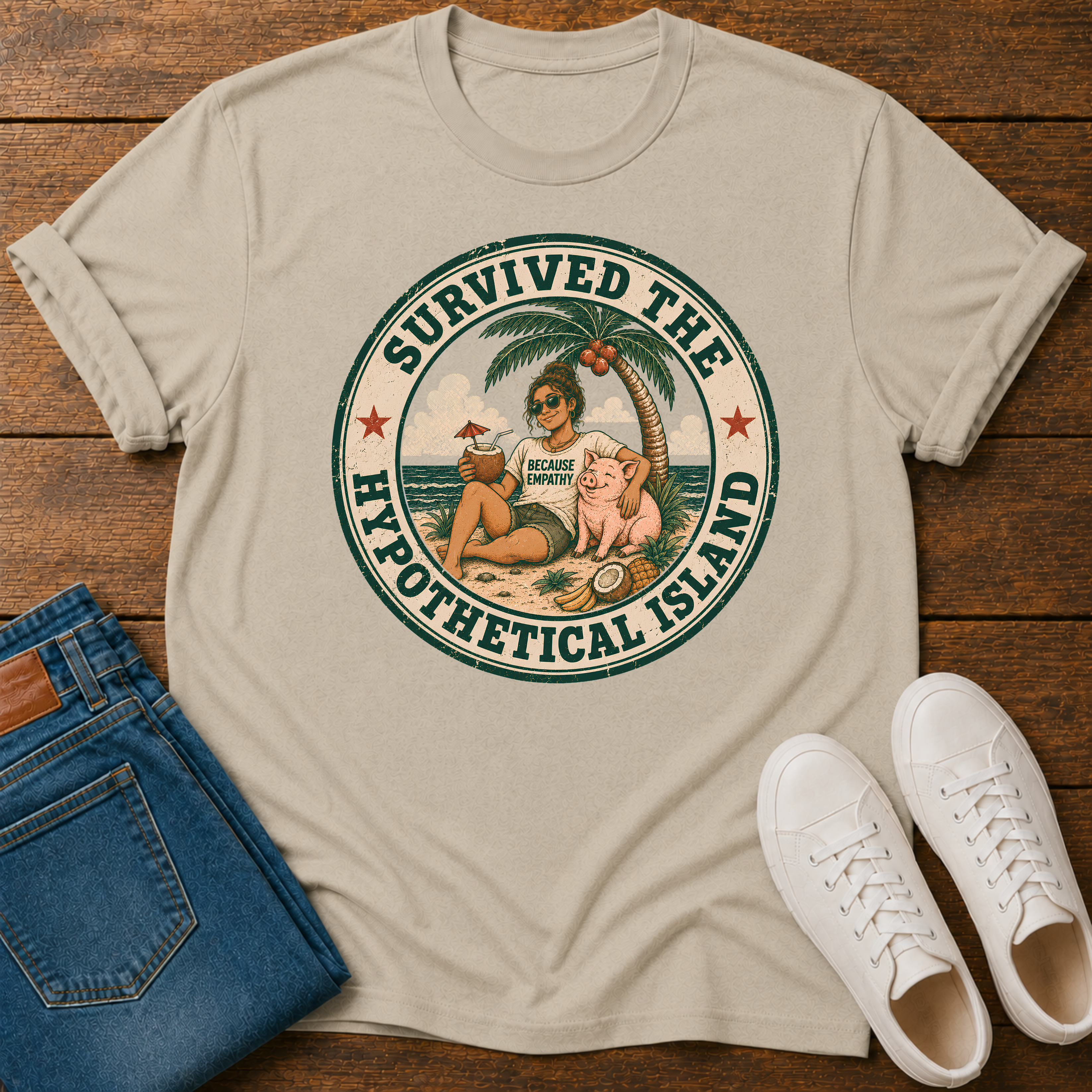 A sand colored graphic t-shirt laid flat on a wooden surface, styled with folded blue jeans and a pair of white sneakers. The t-shirt features a circular retro graphic with the text 'SURVIVED THE HYPOTHETICAL ISLAND' and an illustration of a woman and a pig on a beach.