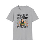 Gray tt-shirt with text 'what i eat is not a group project" 