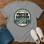 Retro badge style graphic reading "Certified Protein Survivor" with the words "Asked the Same Question 4,000 Times" and icons representing beans, tofu, nuts, and lentils.