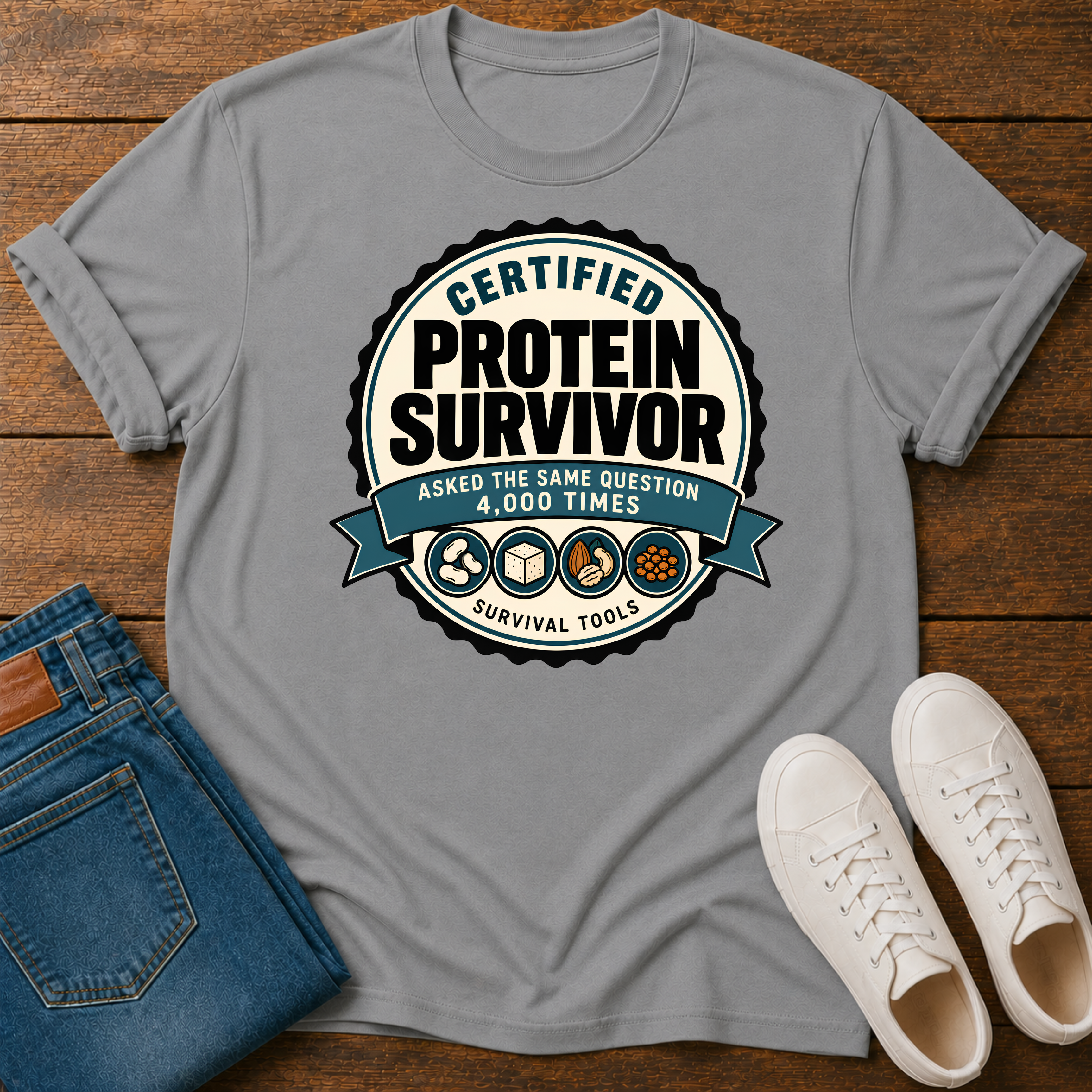 Retro badge style graphic reading "Certified Protein Survivor" with the words "Asked the Same Question 4,000 Times" and icons representing beans, tofu, nuts, and lentils.