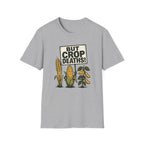 A light gray heather crewneck t-shirt featuring a graphic print of cartoon corn and soy plants holding a protest sign that reads 'BUT CROP DEATHS!'.