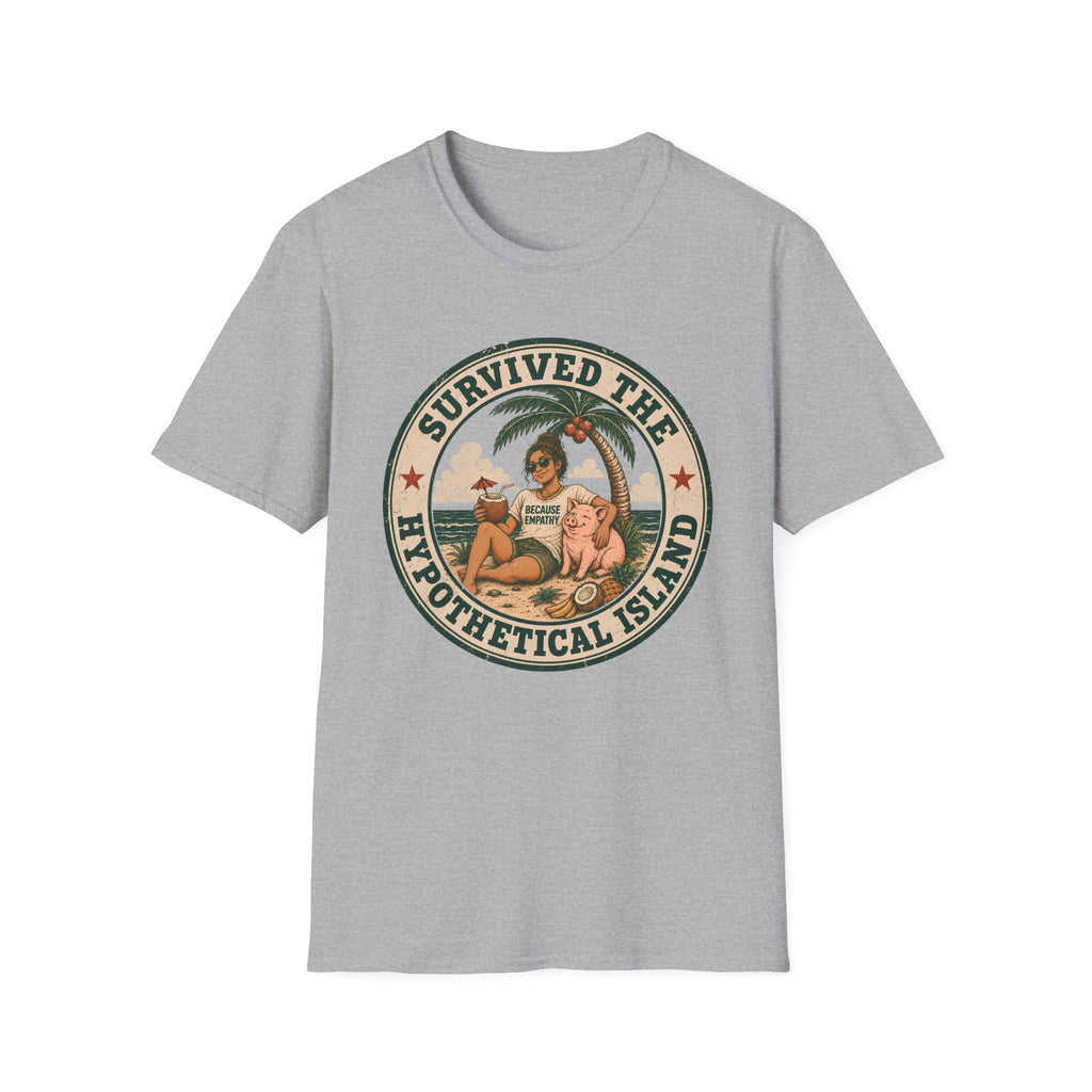 A light gray heather crewneck t-shirt featuring a circular retro graphic on the chest with a woman and a pig on a beach under a palm tree, with the text 'SURVIVED THE HYPOTHETICAL ISLAND'.