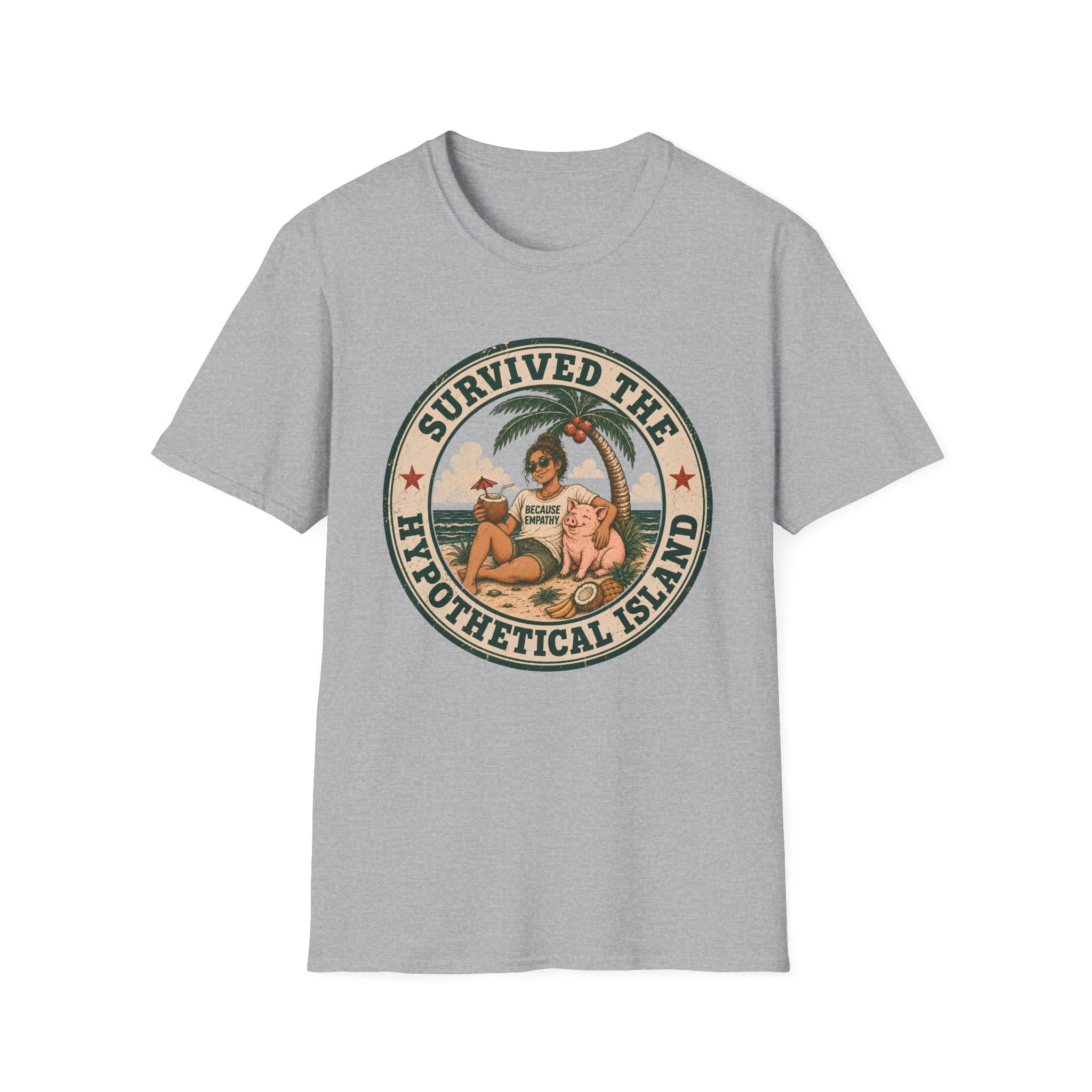 A light gray heather crewneck t-shirt featuring a circular retro graphic on the chest with a woman and a pig on a beach under a palm tree, with the text 'SURVIVED THE HYPOTHETICAL ISLAND'.