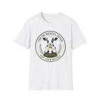 A white short-sleeve crewneck t-shirt featuring a circular graphic print on the chest. The graphic depicts a black and white cow with a red nose inside a circle, surrounded by the text 'FOR THE RIGHTFUL OWNER' and 'NOT YOUR BOTTLE', with a small green banner reading 'RESERVED'.