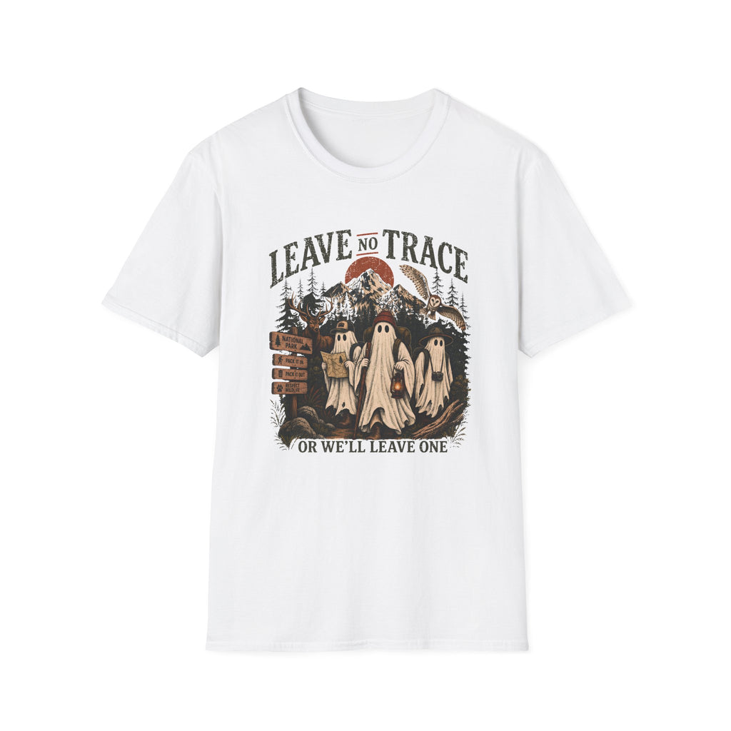A white short-sleeve crewneck t-shirt featuring a vintage-style graphic print on the front with three ghosts in a forest, a signpost, and the text 'LEAVE NO TRACE OR WE'LL LEAVE ONE'.
