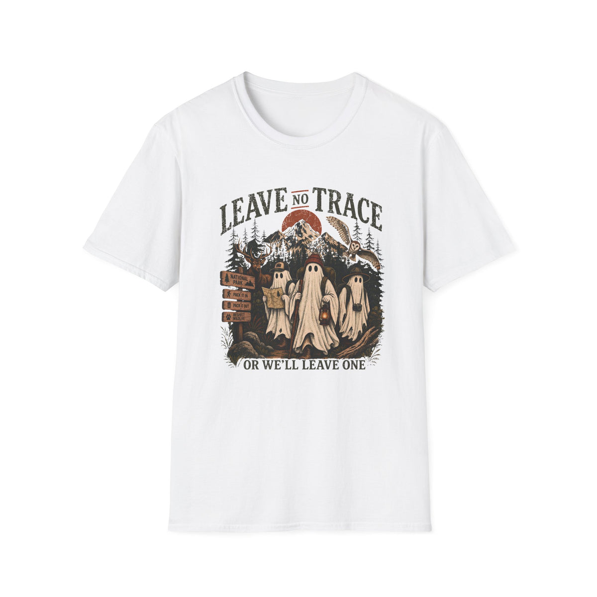 A white short-sleeve crewneck t-shirt featuring a vintage-style graphic print on the front with three ghosts in a forest, a signpost, and the text 'LEAVE NO TRACE OR WE'LL LEAVE ONE'.