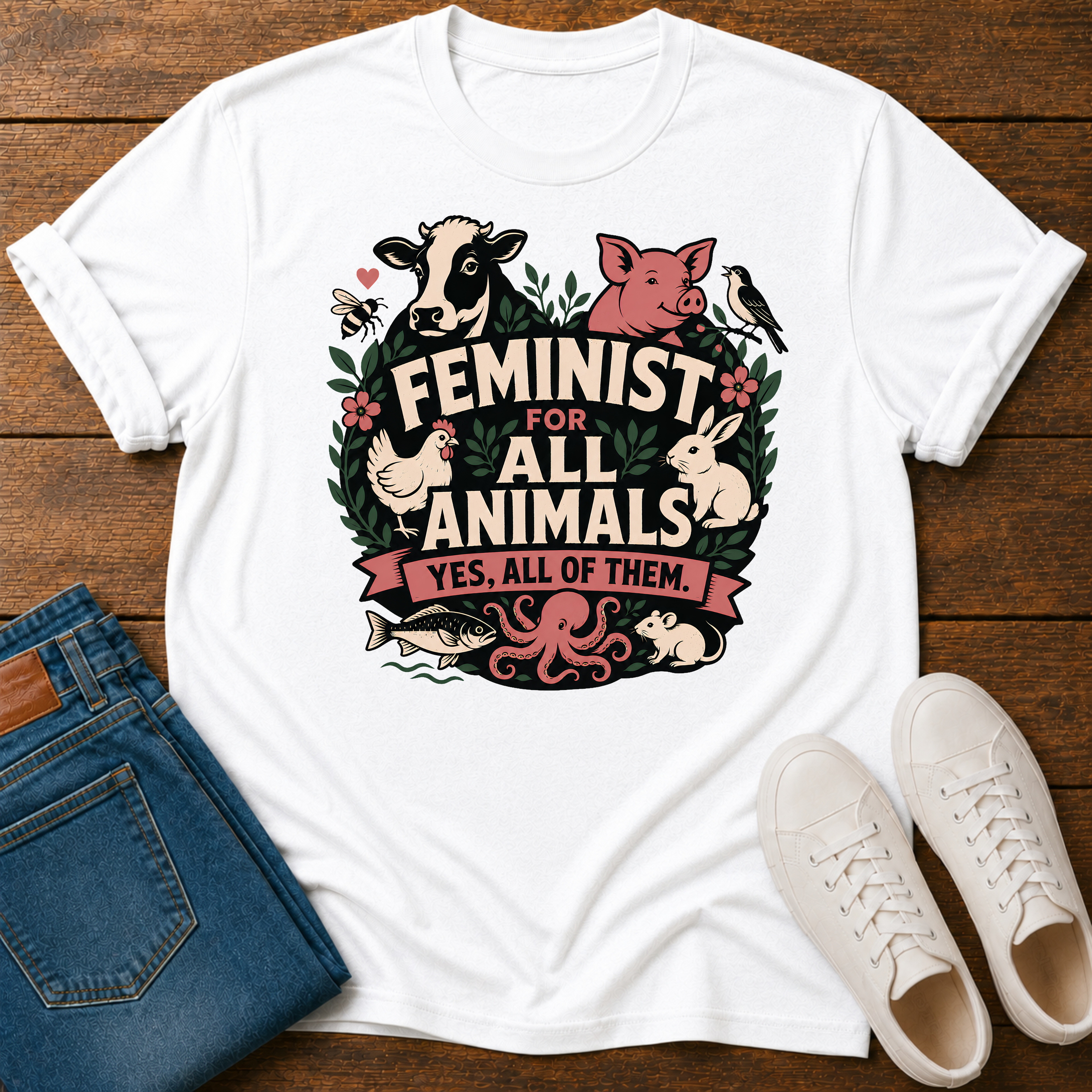 A white graphic T-shirt laid flat on a wooden surface, styled with folded blue jeans and white sneakers. The shirt features a colorful farm-animal illustration and the text 'FEMINIST FOR ALL ANIMALS YES, ALL OF THEM.