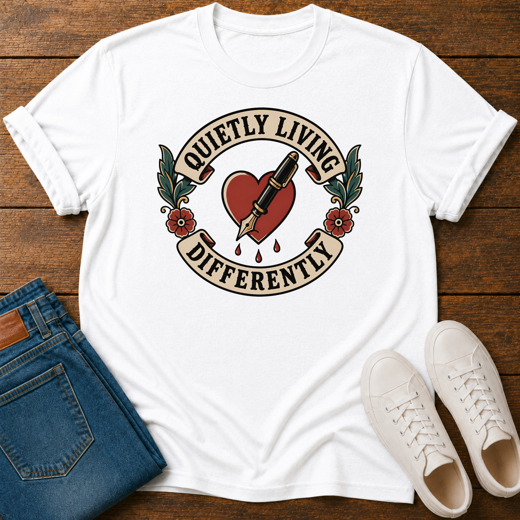 A white short-sleeve graphic T-shirt laid flat on a wooden surface, styled with folded blue jeans and white sneakers. The shirt features a large front graphic with the words 'QUIETLY LIVING DIFFERENTLY' around a red heart pierced by a fountain pen, with floral details.