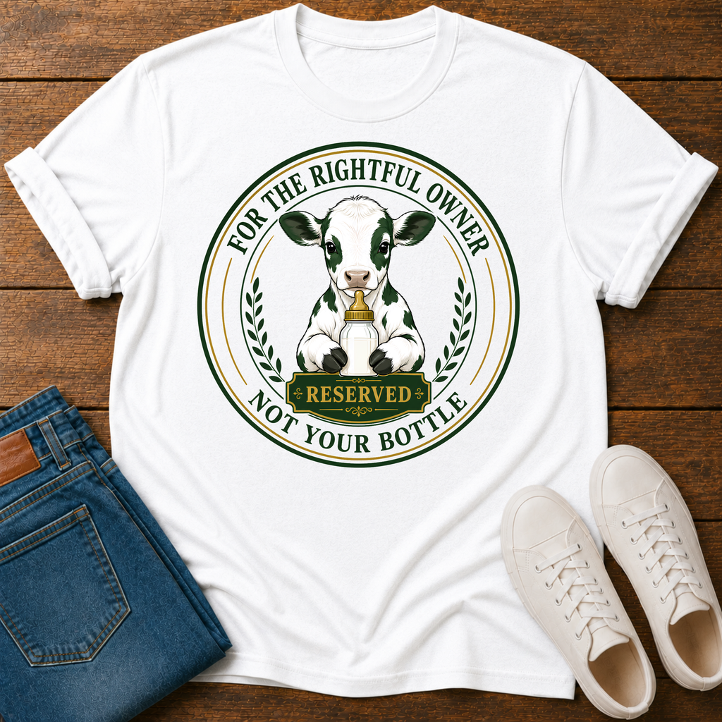 A white graphic t-shirt laid flat on a wooden surface, styled with blue jeans and white sneakers. The t-shirt features a circular graphic of a black and white cow holding a gold bell, with the text 'FOR THE RIGHTFUL OWNER' and 'NOT YOUR BOTTLE' in green and gold.