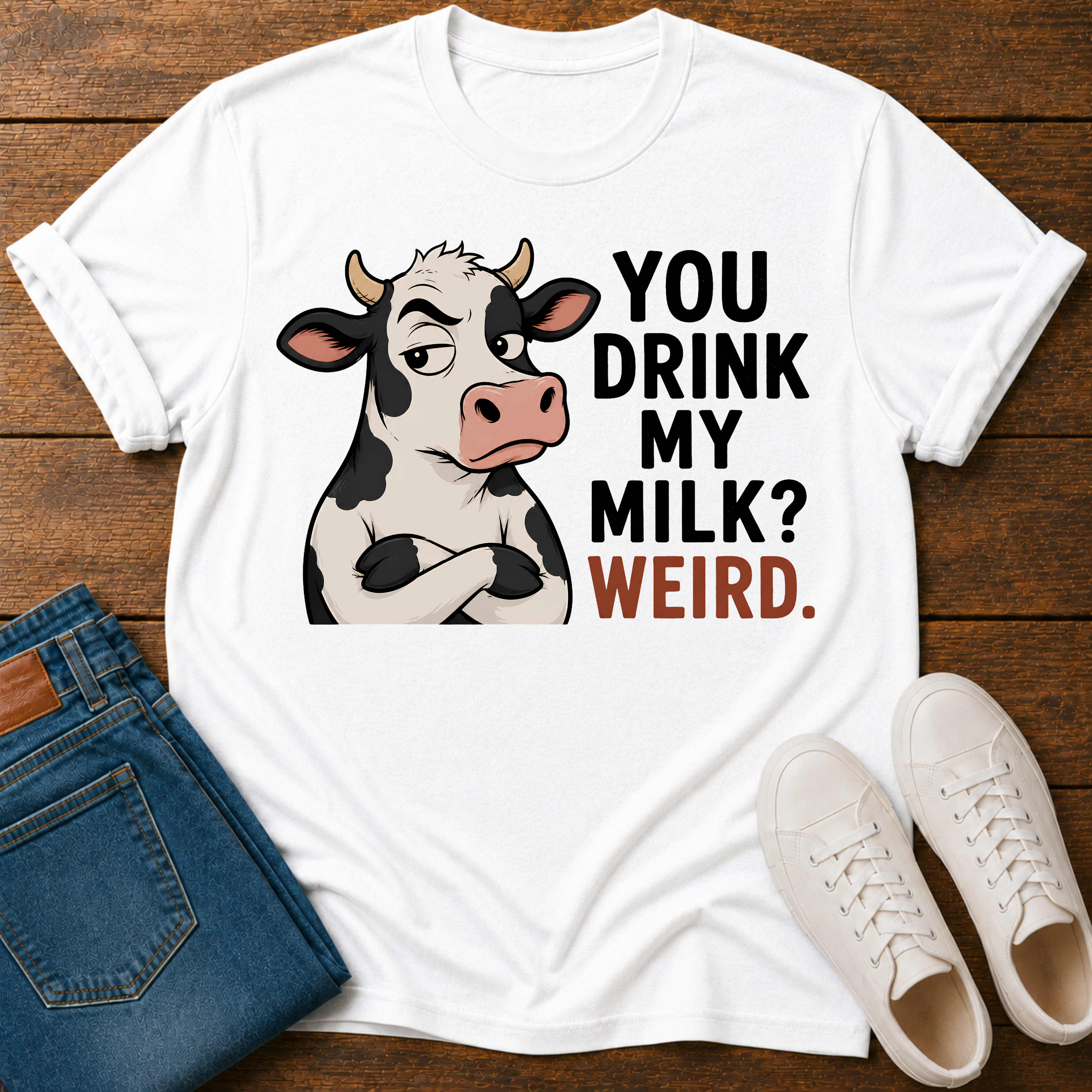 A white graphic t-shirt laid flat on a dark wood background, styled with folded blue jeans and white sneakers. The t-shirt features a cartoon cow with crossed arms next to the text 'YOU DRINK MY MILK? WEIRD.