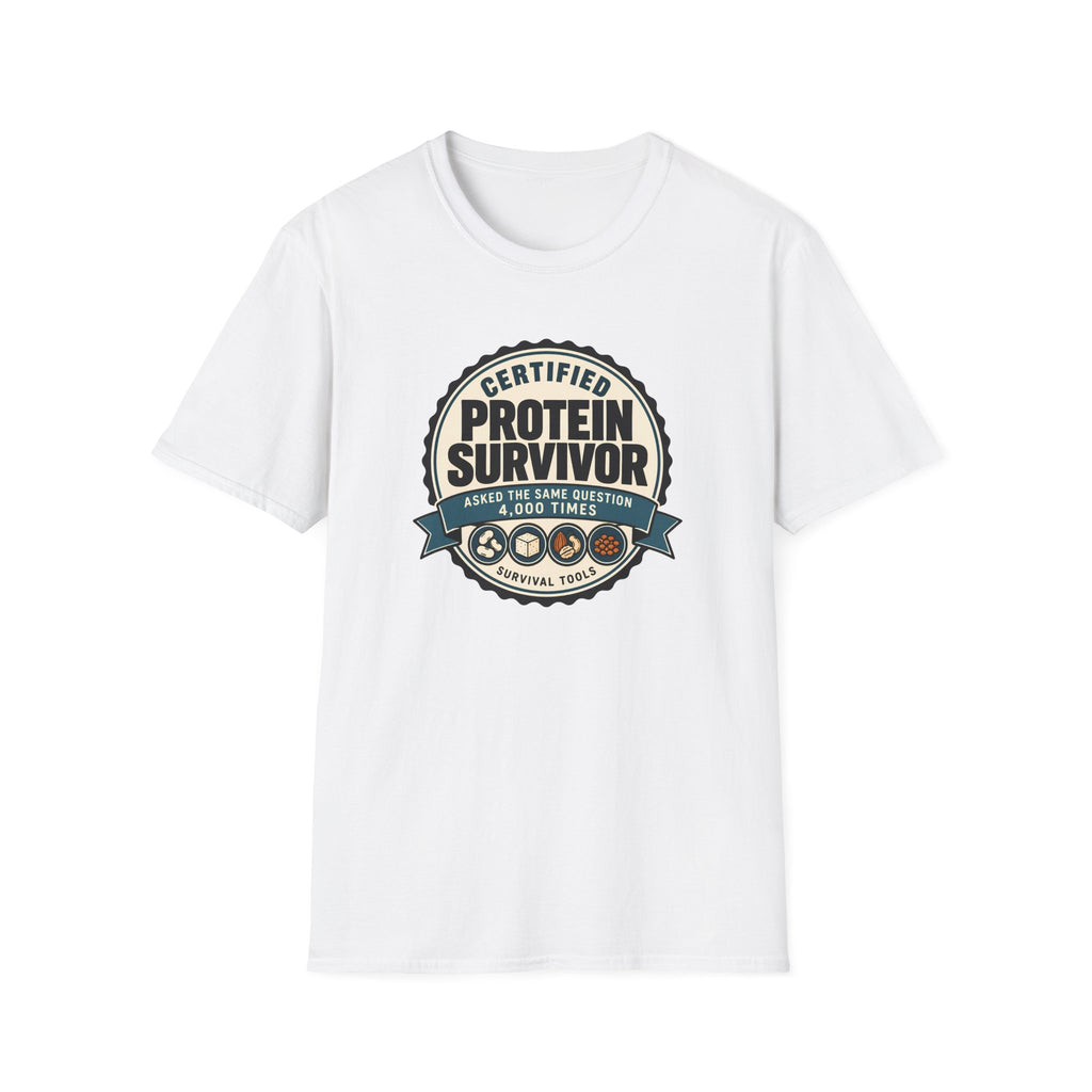 Retro badge style graphic reading "Certified Protein Survivor" with the words "Asked the Same Question 4,000 Times" and icons representing beans, tofu, nuts, and lentils.