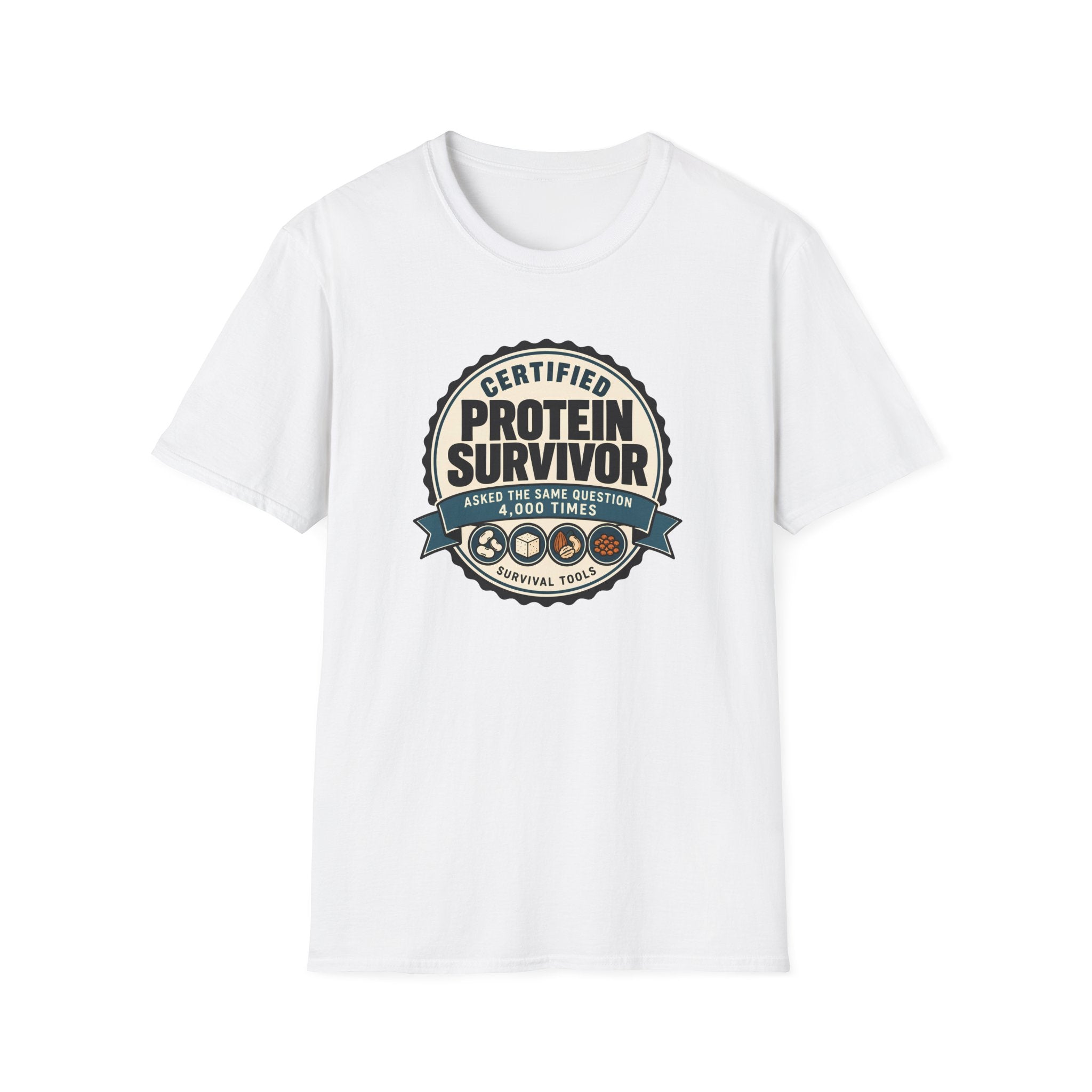 Retro badge style graphic reading "Certified Protein Survivor" with the words "Asked the Same Question 4,000 Times" and icons representing beans, tofu, nuts, and lentils.