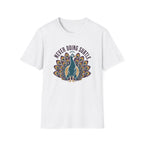 White t-shirt with a peacock design and text 'never doing subtle'