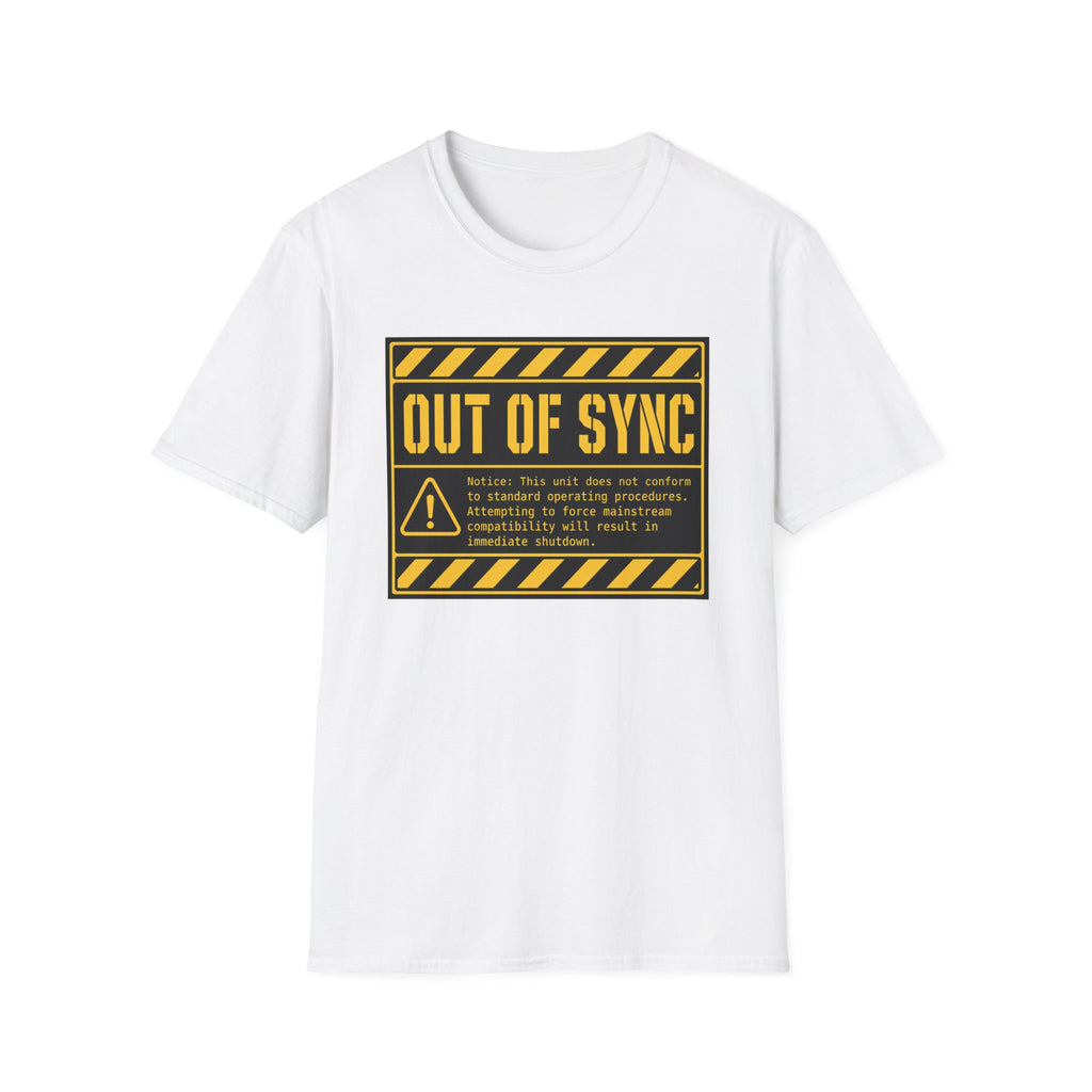 A white short-sleeve crewneck t-shirt featuring a yellow and black 'OUT OF SYNC' warning label graphic printed on the chest, displayed against a solid white background.