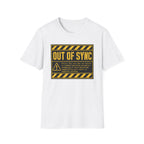 A white short-sleeve crewneck t-shirt featuring a yellow and black 'OUT OF SYNC' warning label graphic printed on the chest, displayed against a solid white background.