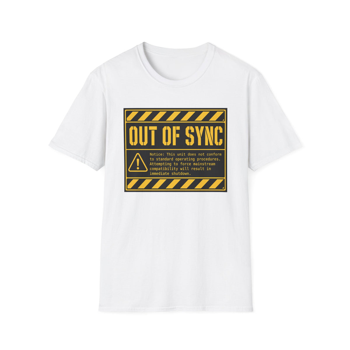 A white short-sleeve crewneck t-shirt featuring a yellow and black 'OUT OF SYNC' warning label graphic printed on the chest, displayed against a solid white background.