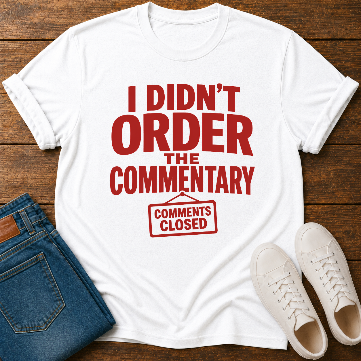 White t-shirt with red text 'i didn't order the commentary comments closed' on a wooden surface with jeans and sneakers. 