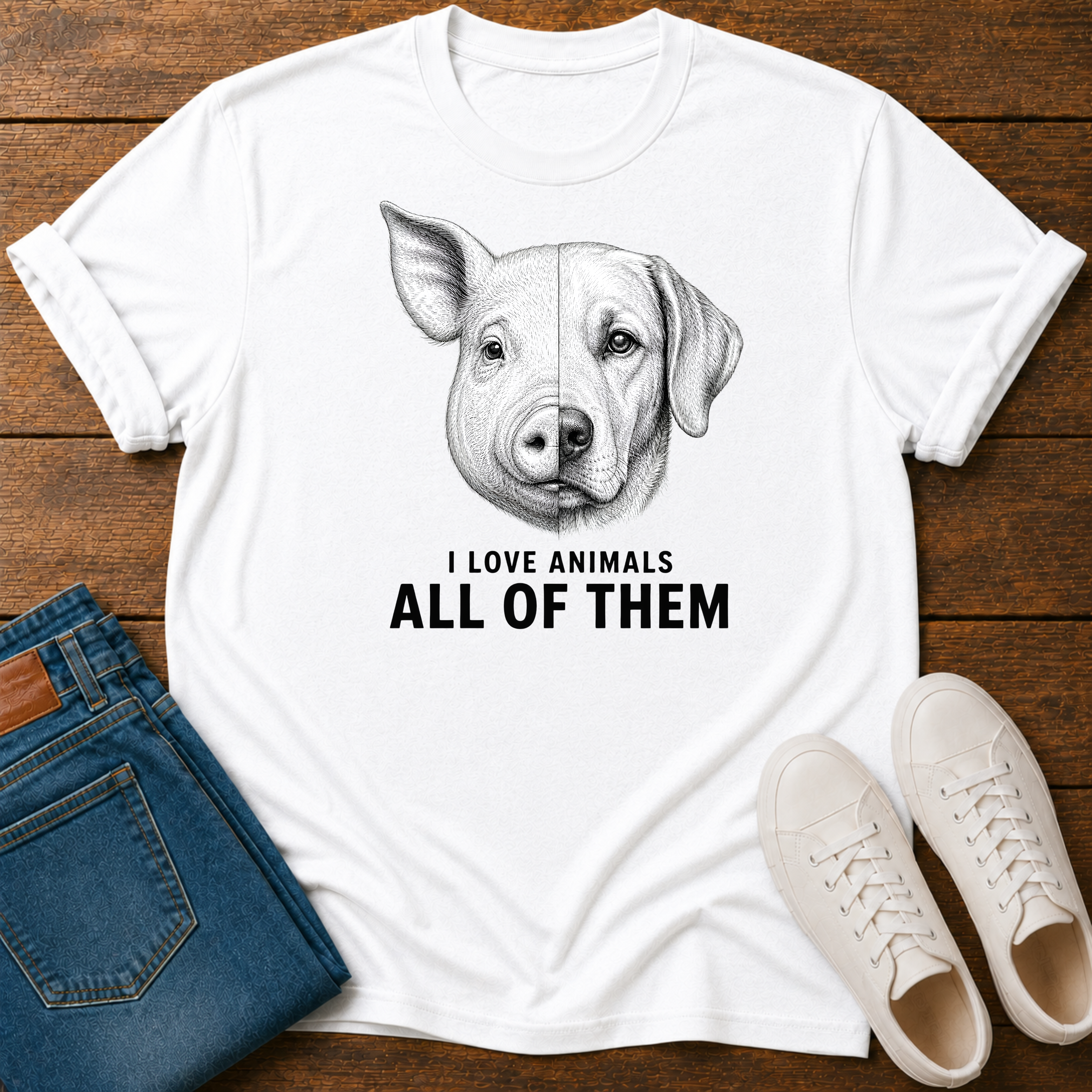 Vegan white t-shirt with a graphic design half pig half dog image with text 'i love animals all of them' on a wooden board with jeans and sneakers