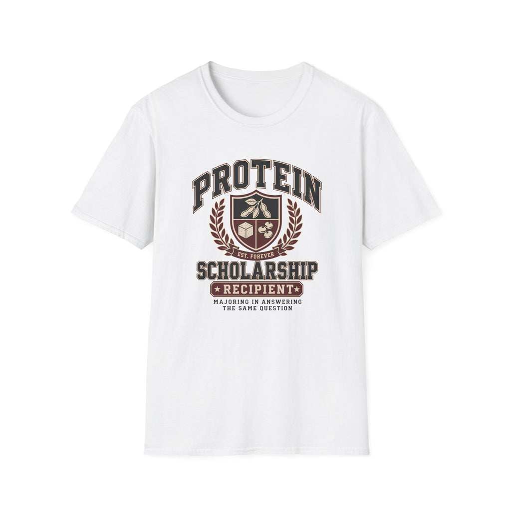 white t-shirt with Vintage collegiate crest design reading “Protein Scholarship Recipient” with soybean, tofu, and bean illustrations and the words “Majoring in Answering the Same Question.”