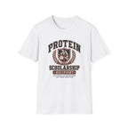 white t-shirt with Vintage collegiate crest design reading “Protein Scholarship Recipient” with soybean, tofu, and bean illustrations and the words “Majoring in Answering the Same Question.”