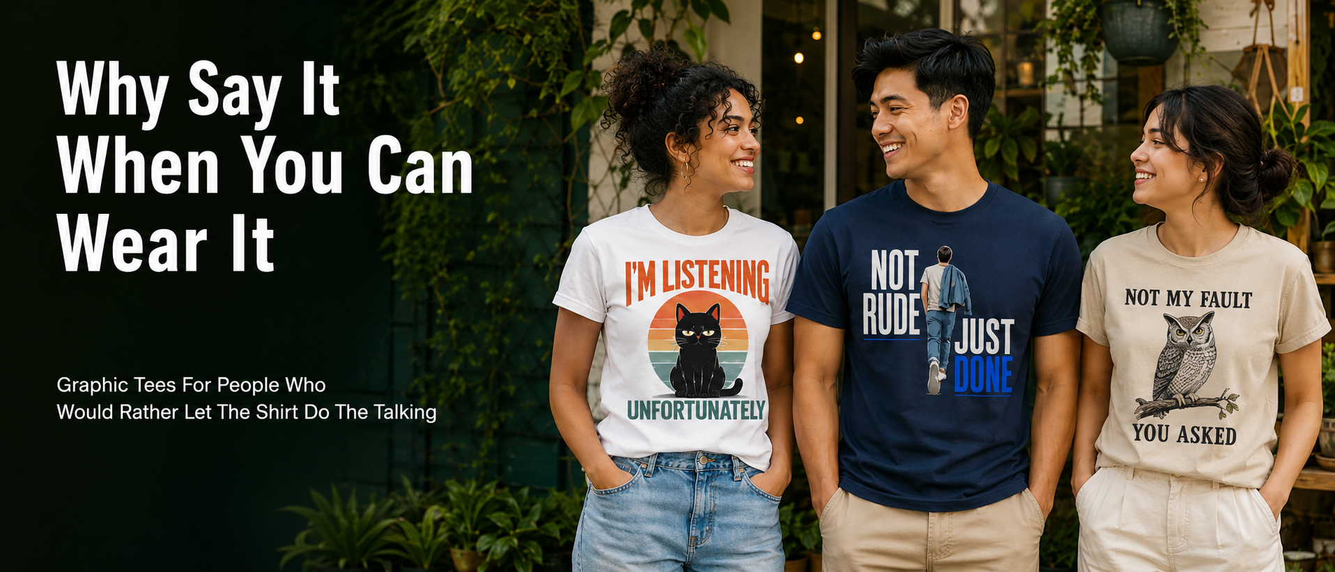 Three people standing outdoors wearing graphic t-shirts. The t-shirt on the left is white with a black cat and the text 'I'M LISTENING UNFORTUNATELY'.